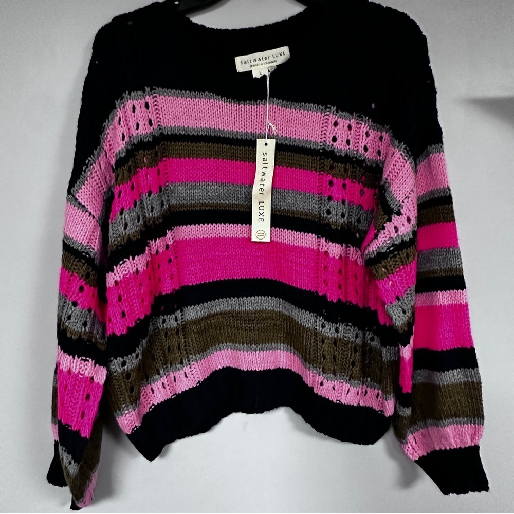 SALTWATER LUXE striped crochet sweater in multi colored Pink, Olive, Navy L. NWT